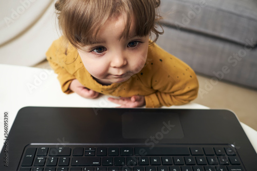 Adorable baby with a laptop photo