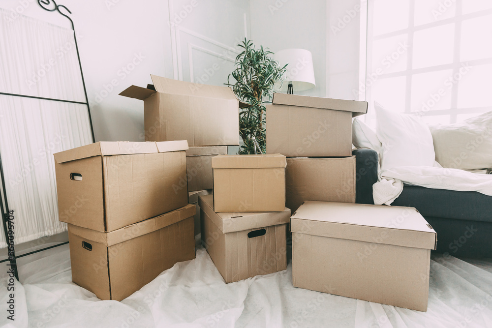 lot of cardboard boxes in the new apartment.