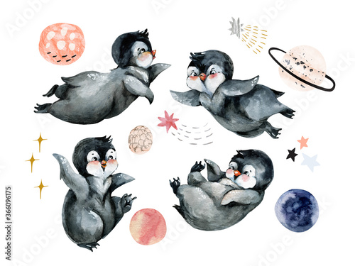 Cute little penguin set isolated on white background. Brave mascot animal with stars, planets in minimal style.