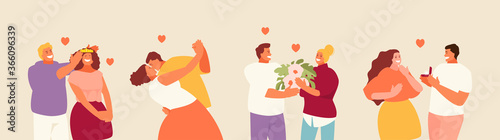 People in love are happy couples. Saint Valentine holiday vector characters