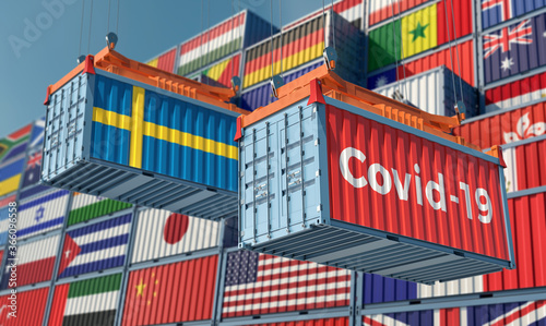 Container with Coronavirus Covid-19 text on the side and container with Sweden Flag. Concept of international trade spreading the Corona virus. 3D Rendering © Marius Faust