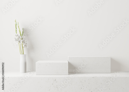 Cosmetic white background for product presentation, for fashion magazine illustration. 3d render illustration