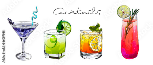 Fotografia Hand drawn illustration of set of cocktails.