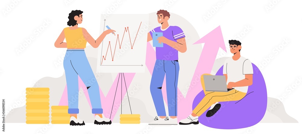 Obraz premium Economics strategy, analysis of sales, statistic grow data illustration for banner, landing or web page. People collect data and analyse business, investment in innovation. Team make presentation.