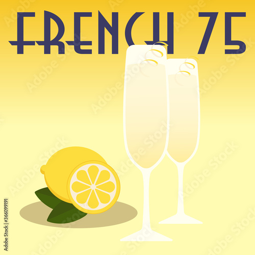 French 75 cocktail menu poster with drink in glass and lemon on side.