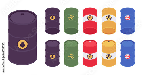 Barrel set bright collection. Steel tight head drums with warning sticker signs, biohazard waste, oil transporting containers. Vector flat style cartoon illustration, different colors