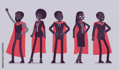 Office heroes set, successful business people in classic red cloak. Managers, administrative and executive assistant team members in professional development. Vector creative stylized illustration