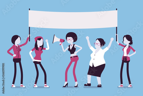 Feminist movement protest, female group with banner. Women in active gathering, political campaign for social reforms against domestic, sexual violence, shouting. Vector creative stylized illustration