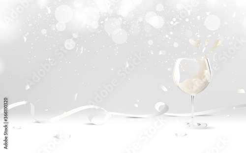 Celebration silver background, wine glass with ribbons and confetti on the floor, white shimmer sparkle stars vector illustration