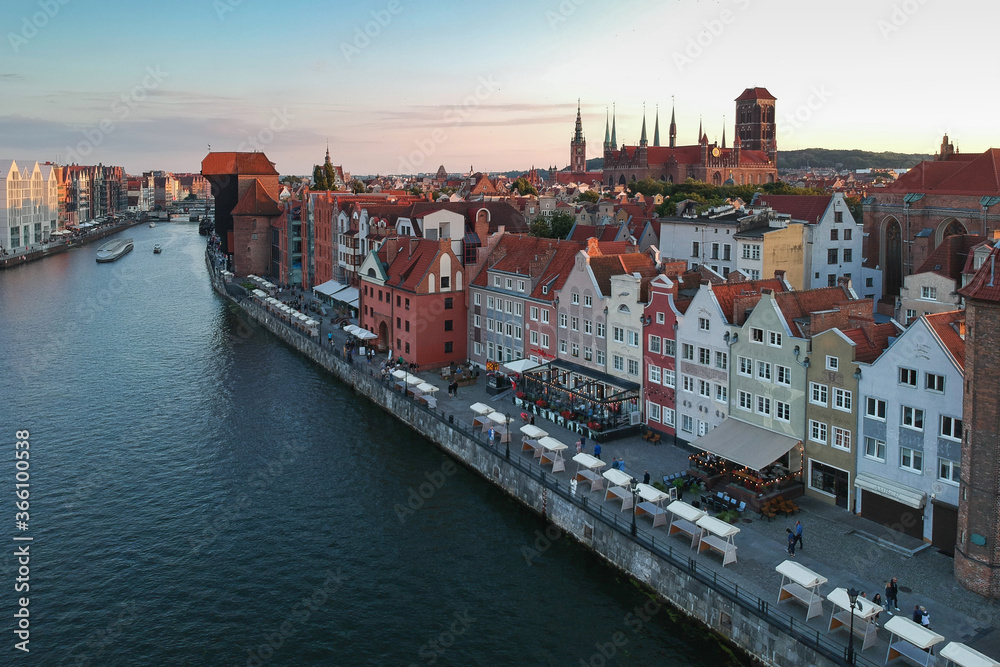 Fototapeta premium Aerial view of the old town in Gdansk with amazing architecture at sunset, Poland
