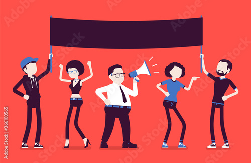 Demonstration of people with banner. Activists of political, social movement, strike for human rights, protest or refusal to work organized by employees. Vector creative stylized illustration