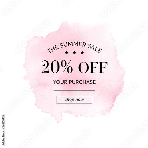 Summer Sale 20% off sign over pink watercolor art paint abstract background vector. 