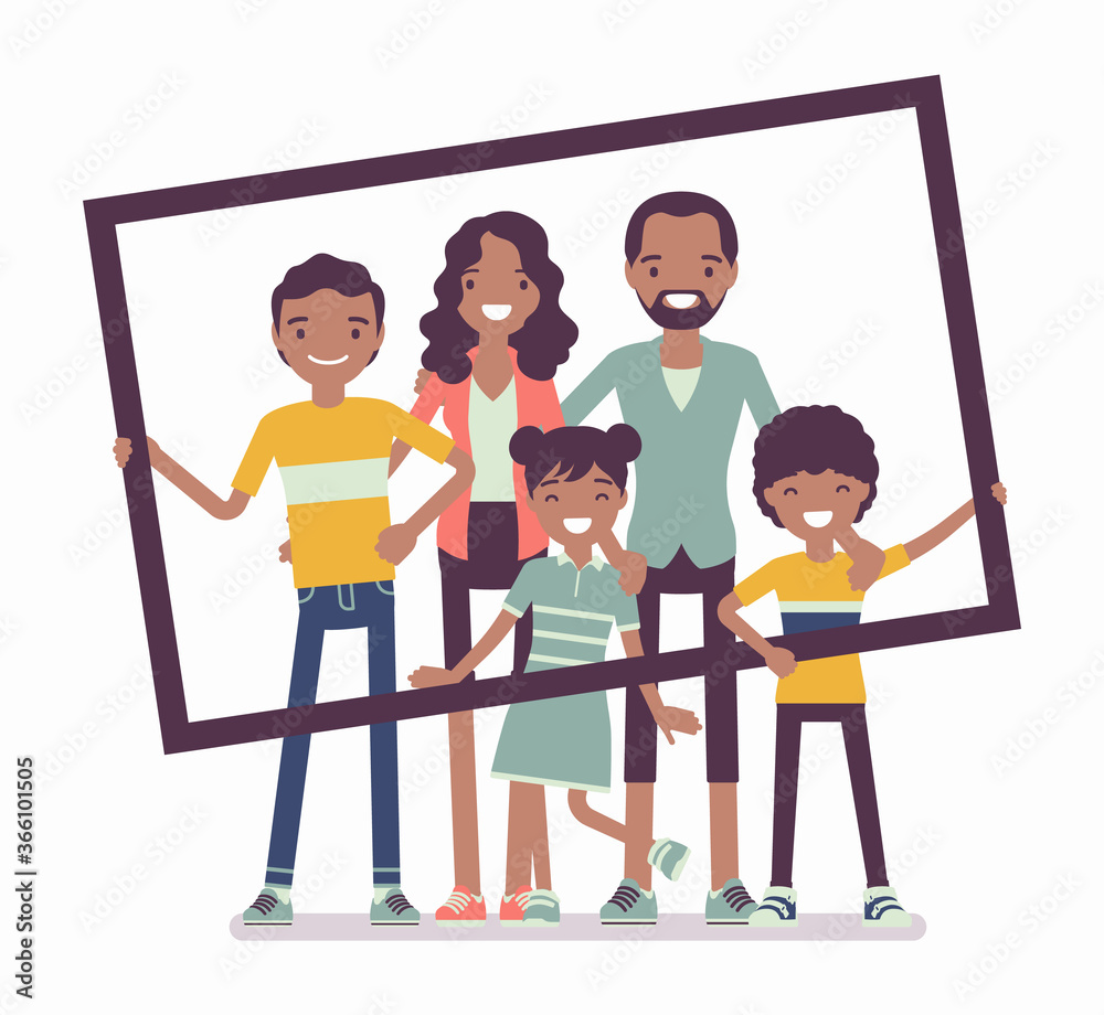 Happy black family portrait. Father, mother, son and daughter, teen