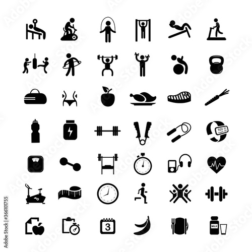 Fitness and Sport vector simple icons for web and mobile. Black color silhouette people and sport equipment.