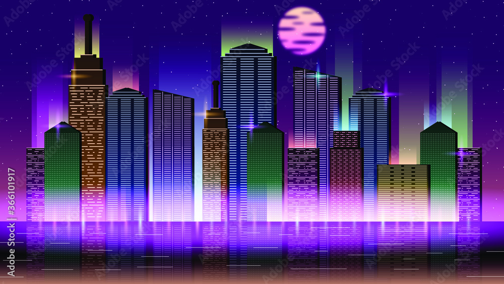 Abstract Night Neon City Background  WIth Glow And Vivid Vector Design Style