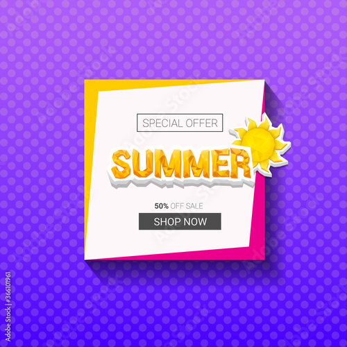 vector special offer summer label design template . Summer sale banner or badge with sun and text on summer violet background