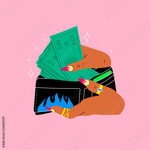 Black woman's hands are holding wallet with green money. Cool manicure and golden rings. Cash in hands. Stack of hundreds of dollars. Close up look. Hand drawn Vector illustration. Logo or print idea