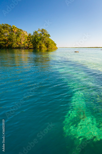 Fototapeta Naklejka Na Ścianę i Meble -  Laguna de Bacalar is also known as the Lagoon of Seven Colors, in Bacalar, Mexico. The crystal clear waters and white sandy bottom of the lake cause the water color to morph into different Colors.