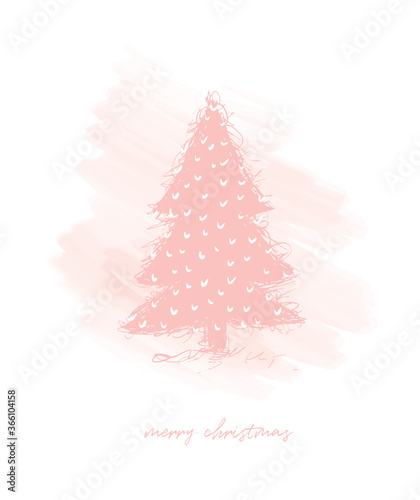 Merry Christmas. Christmas Wishes Vector Card. Pink Sketched Christmas Tree on a Pastel Pink Watercolor Style Background. Christmas Illustration. Tree Made of Scribbles.