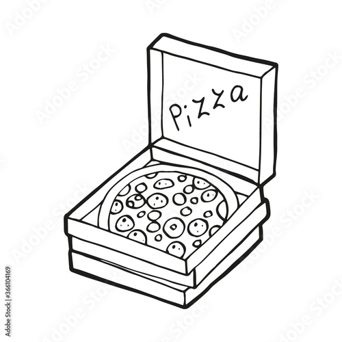 Cute hand drawn pizza box on white background. Vector design in trendy Scandinavian style. Funny, cute, hygge illustration for poster, social media banner, print, decoration kitchen or cafe menu
