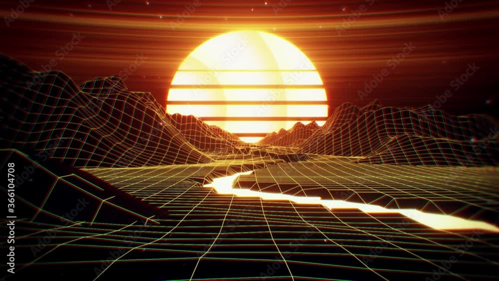 3D Retro Synthwave River Landscape VJ Loop Background