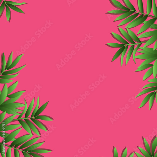 Bright branches of green leaves on a pink background can be used for a postcard, business card