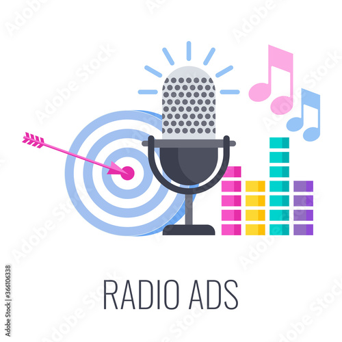Radio ads icon. Radio microphone, arrow target and music sounds.
