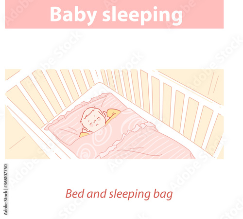 Baby sleeping in bed, in sleeping bag. Healthy sleep mode.