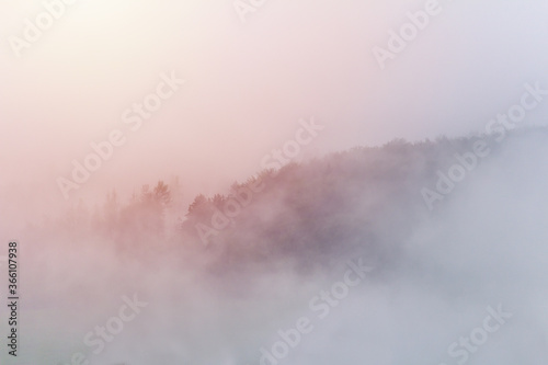 Panoramic view to forest, silhouette with misty fog and sun. Czech landscape