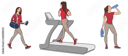 Set Young girl in leggings goes to play sports, engaged in the simulator treadmill, drinks water after training with a towel, . Fitness woman Full length. Hand drawn art cartoon vector illustration.