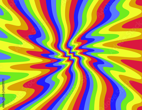 Trippy Retro Background for 60s-70s Parties with Bright Acid Rainbow Colors and Groovy Geometric Wavy Pattern in Pop Art style. Conceptual illustration for LSD trip or other psychedelic experiences.