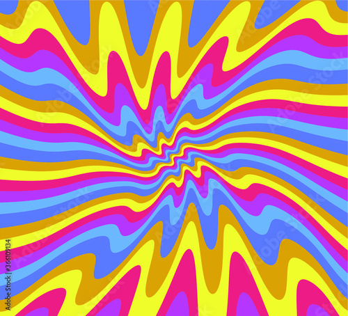 Trippy Retro Background for 60s-70s Parties with Bright Acid Rainbow Colors and Groovy Geometric Wavy Pattern in Pop Art style. Conceptual illustration for LSD trip or other psychedelic experiences.