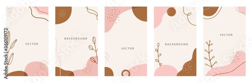 Vector set of abstract creative backgrounds in minimal trendy style with floral illustration with space for text - design templates for social media stories.