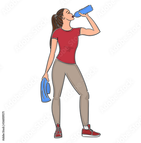 Young girl drinks water after training in leggings with a towel. Fitness woman Full length. Hand drawn art cartoon vector illustration.
