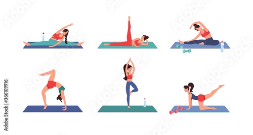 Workout at home, fitness vector. During quarantine, people play sports at home, in safety. Set slender girls do gymnastics on mats. Training women, isolated on white, flat