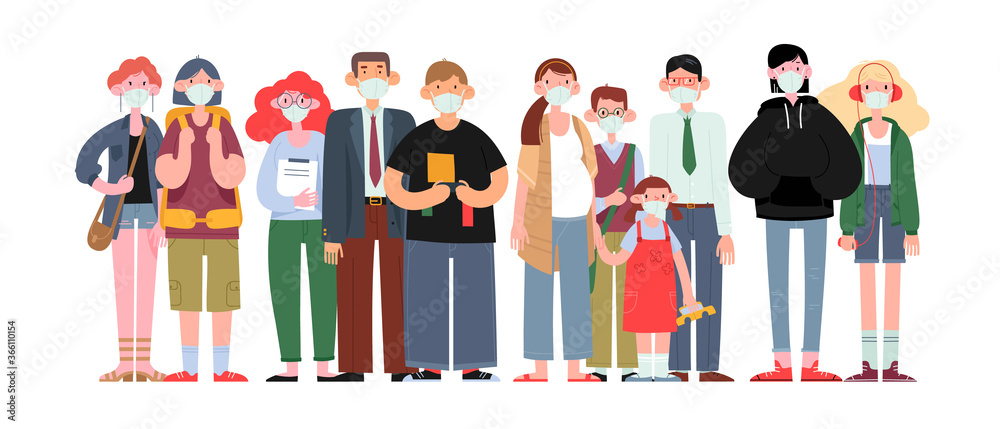 Obraz premium People of different ages and different skin colors in medical masks are standing nearby. Respiratory protection of people during the covid-19 epidemic. Covid19 Quarantine. Cartoon Vector Illustration