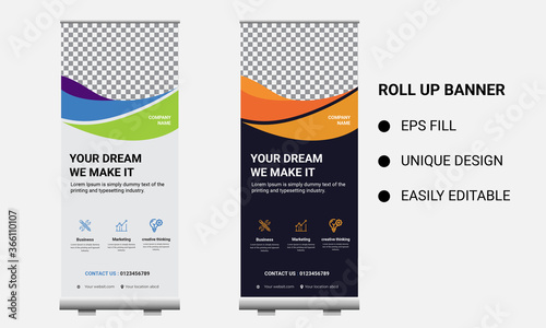 Modern Exhibition Advertising Trend Business Roll Up Banner Stand Poster Brochure flat design template creative concept. Presentation. Cover Publication. Stock vector. EPS