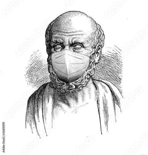 Hippocrates of Kos with COVID protection mask, greek physician outstanding figure of the medicine history, founder of the Hippocratic School of Medicine photo
