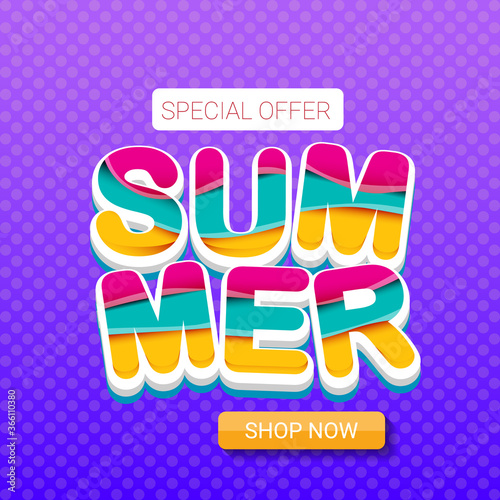 vector special offer summer label design template . Summer sale banner or badge with sun and text on summer violet background
