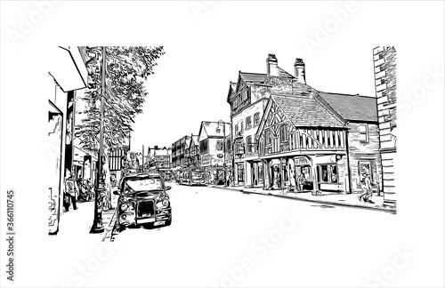 Building view with landmark of Chester is a city in northwest England. Hand drawn sketch illustration in vector. 