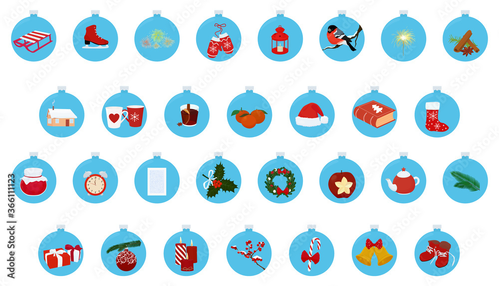 set of New Year icons in a blue Christmas ball. cartoon new year illustrations set of New Year icons in a blue Christmas ball. cartoon new year illustrations