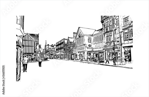 Building view with landmark of Chester is a city in northwest England. Hand drawn sketch illustration in vector. 