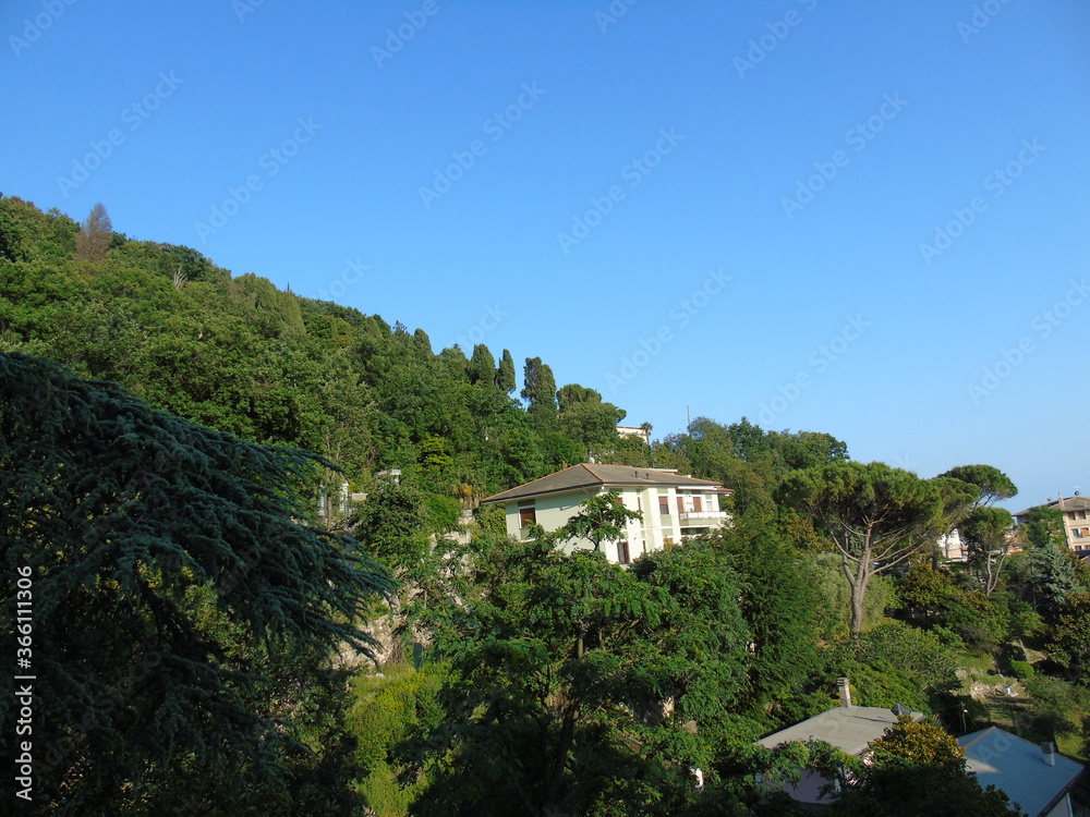 Genova, Italy - 07/12/2020: An amazing photography of the city of Genova from the hills in summer days, with a great blue sky in the background and some trees behind the buildings.