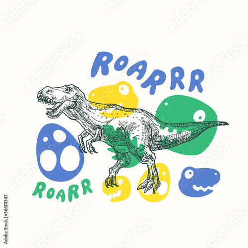 Prehistoric Dinosaur Abstract Sign, Symbol or Card Template. Hand Drawn Tyrannosaurus Rex Reptile with Funny Flat Style Illustrations. Cute Vector T-shirt Print or Emblem Concept.