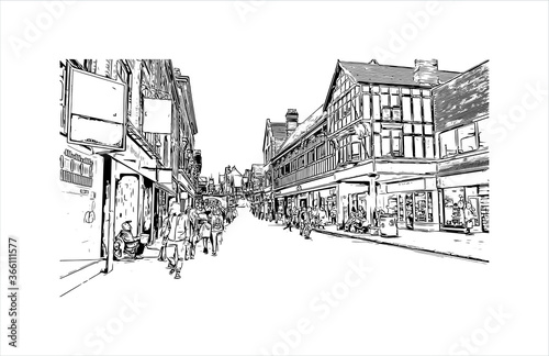 Building view with landmark of Chester is a city in northwest England. Hand drawn sketch illustration in vector. 