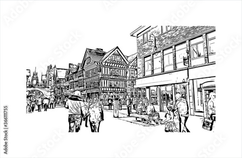 Building view with landmark of Chester is a city in northwest England. Hand drawn sketch illustration in vector. 