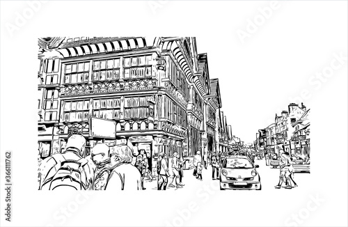 Building view with landmark of Chester is a city in northwest England. Hand drawn sketch illustration in vector. 