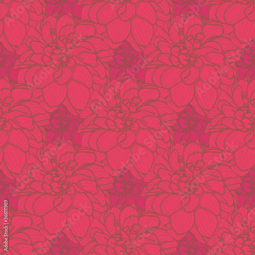 Retro Dark Dahlia seamless pattern background. Cross hatching floral vector illustration.