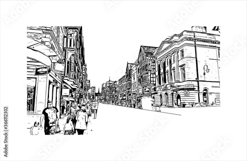 Building view with landmark of Chester is a city in northwest England. Hand drawn sketch illustration in vector. 