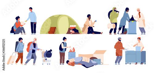 Refugee problems. Homeless mother, starvation poor people. Isolated poverty guy vagabonds, social inequality and charity vector illustration. Poor homeless, poverty social crisis